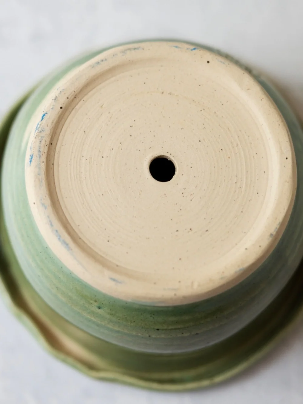 CRB green handmade signed studio pottery planter with drainage hole 5.5